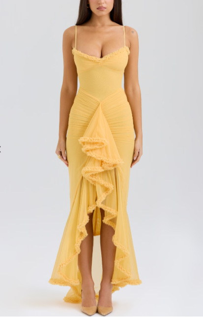Long evening dress with thin straps and asymmetrical skirt for a sophisticated style