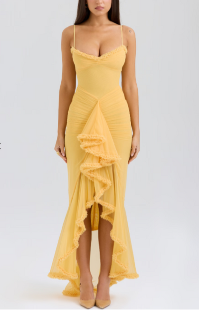 Long evening dress with thin straps and asymmetrical skirt for a sophisticated style