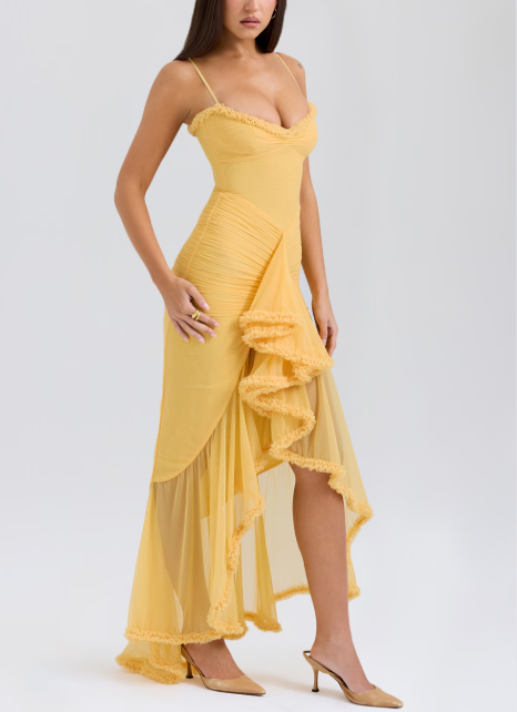 Long evening dress with thin straps and asymmetrical skirt for a sophisticated style