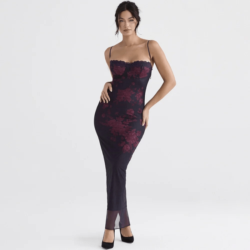 Long printed dress with thin straps and elegant design