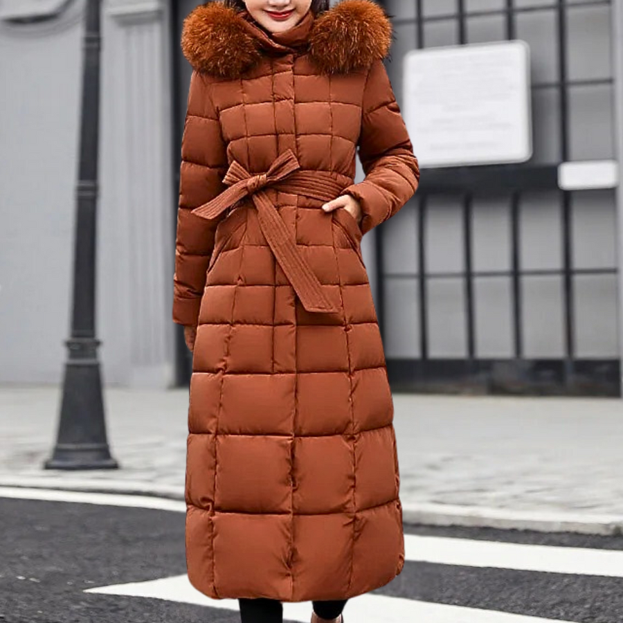 Women's warm long jacket with hood and modern design