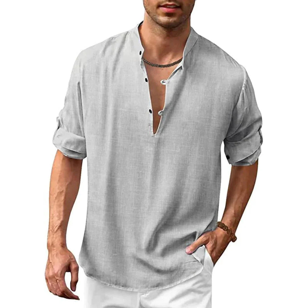Modern men's shirt with partial button closure and short-sleeved stand-up collar
