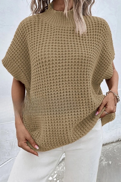 Elegant beige sweater with puff sleeves and a high neck