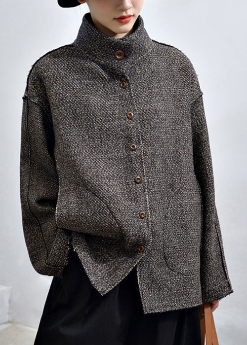 Dark Gray Button-Down Coat with Pockets - Loose Style for Fall