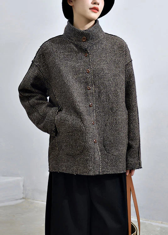 Dark Gray Button-Down Coat with Pockets - Loose Style for Fall