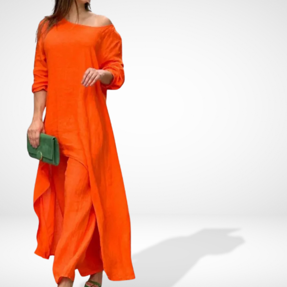 Feminine set with a flowing asymmetric blouse and wide-legged trousers