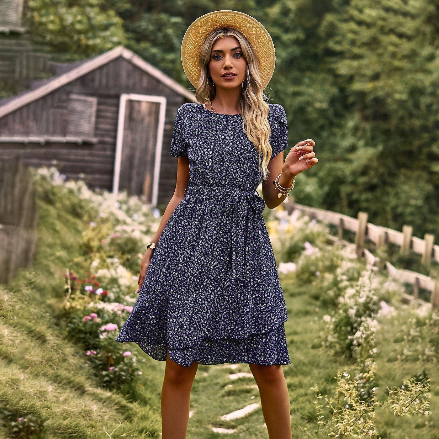Lightweight summer dress with floral print and belt for a fresh look