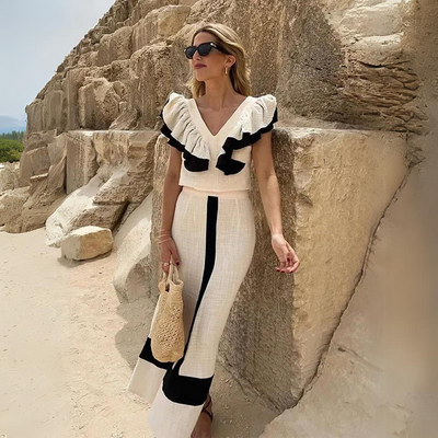 Sophisticated two-piece set with elegant ruffle details