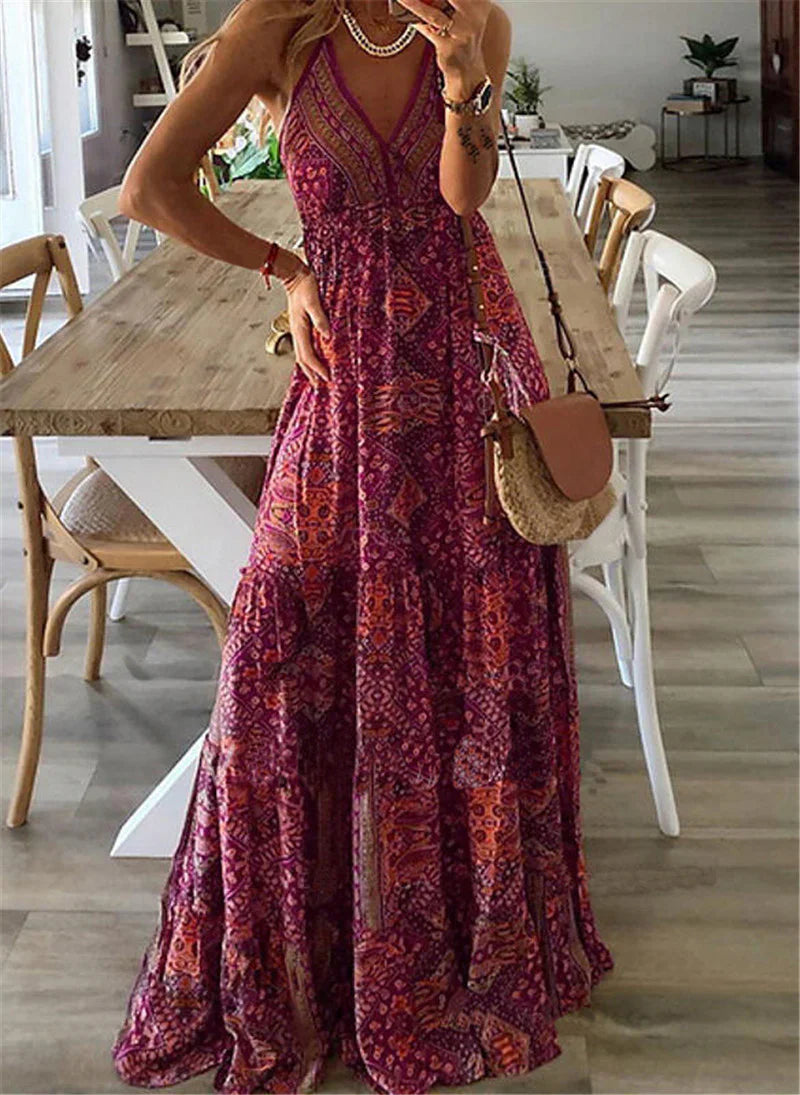 Maria - Women's Bohemian Strap Dress High Waist Printed Dresses