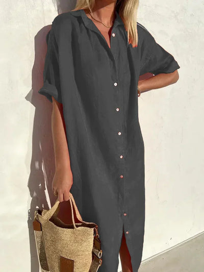Helena - Fashion Cotton Linen Solid Color V-Neck Dress