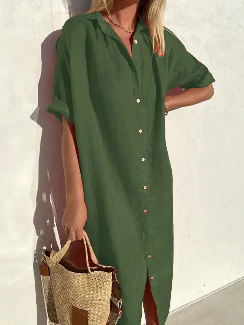 Helena - Fashion Cotton Linen Solid Color V-Neck Dress