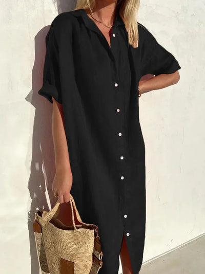 Helena - Fashion Cotton Linen Solid Color V-Neck Dress
