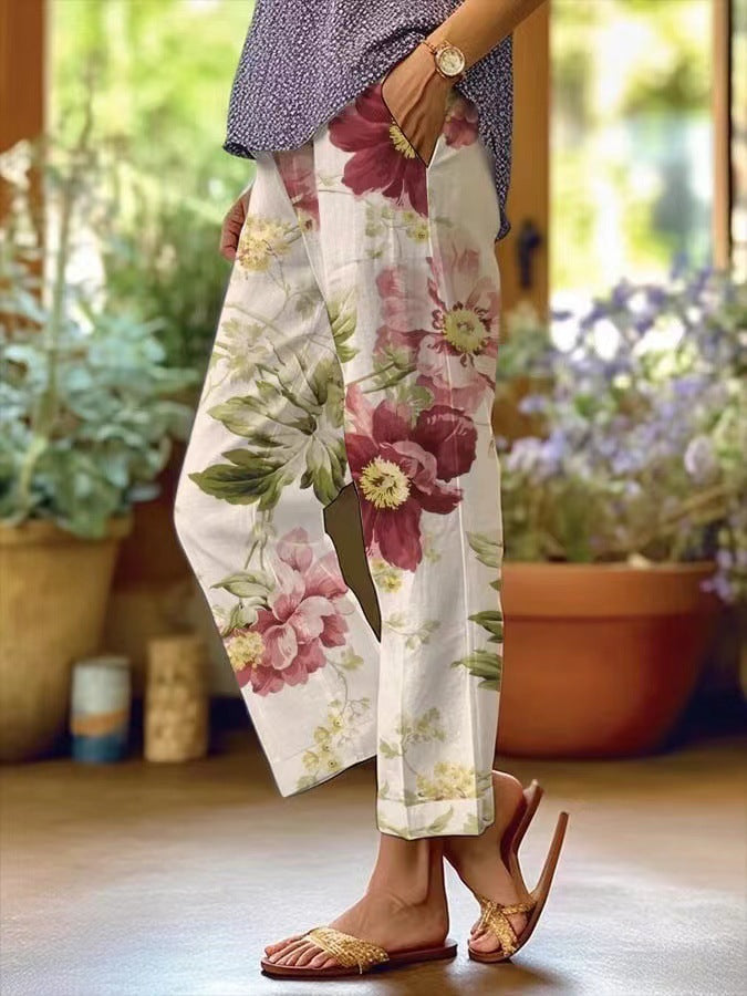 Victoria - Women's Vintage Botanical Floral Lace-Up Loose Casual Pants