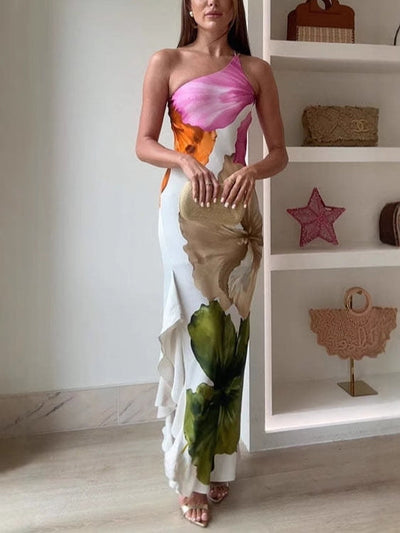 Elegant floral print one-shoulder maxi dress