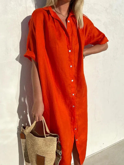 Helena - Fashion Cotton Linen Solid Color V-Neck Dress