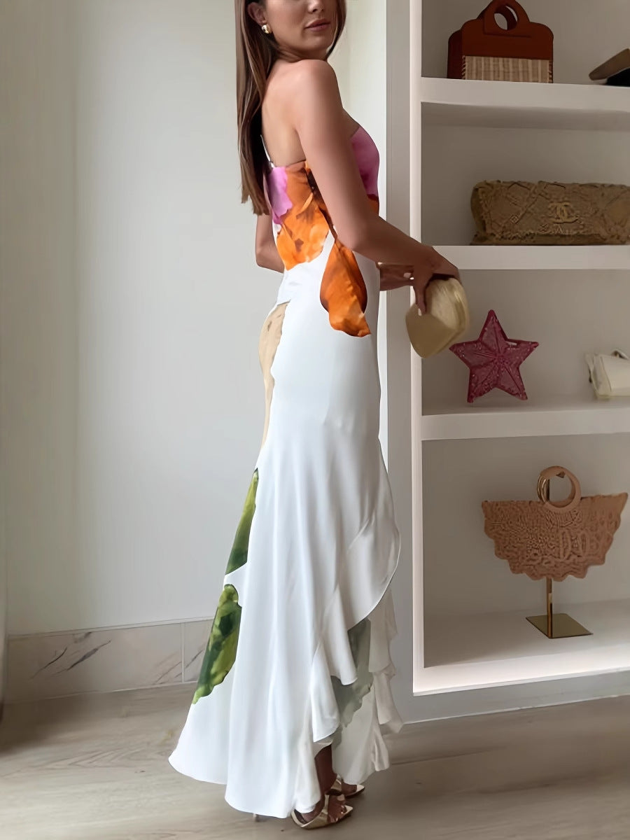 Elegant floral print one-shoulder maxi dress