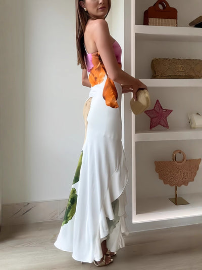 Elegant floral print one-shoulder maxi dress