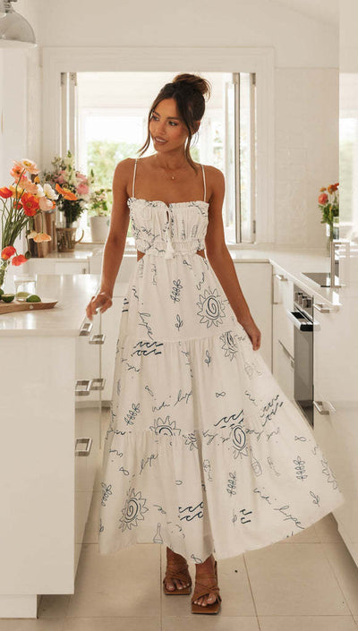 Yanira - Women's Summer Strappy Backless Lace Print Long Dresses