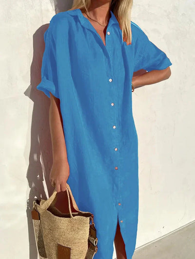 Helena - Fashion Cotton Linen Solid Color V-Neck Dress