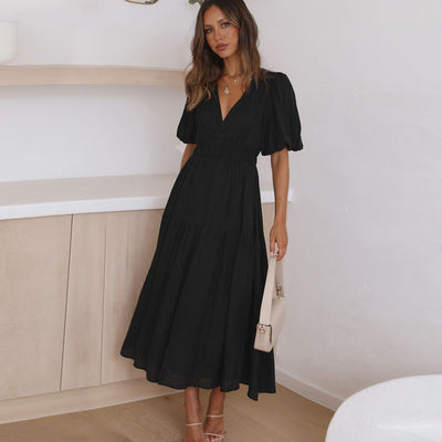 Lea - Women's Summer Dresses with Advanced Vacation Style, Deep V-Neckline and Puff Sleeves