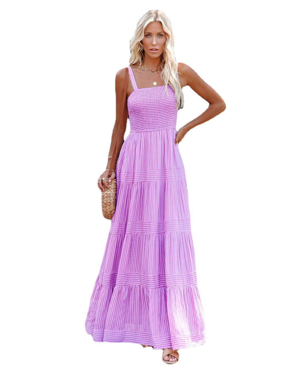 Emma - Pinstriped Backless Cami Maxi Dress