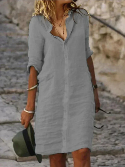 Miriam - Plain cotton dresses with lapel buttons and half sleeves