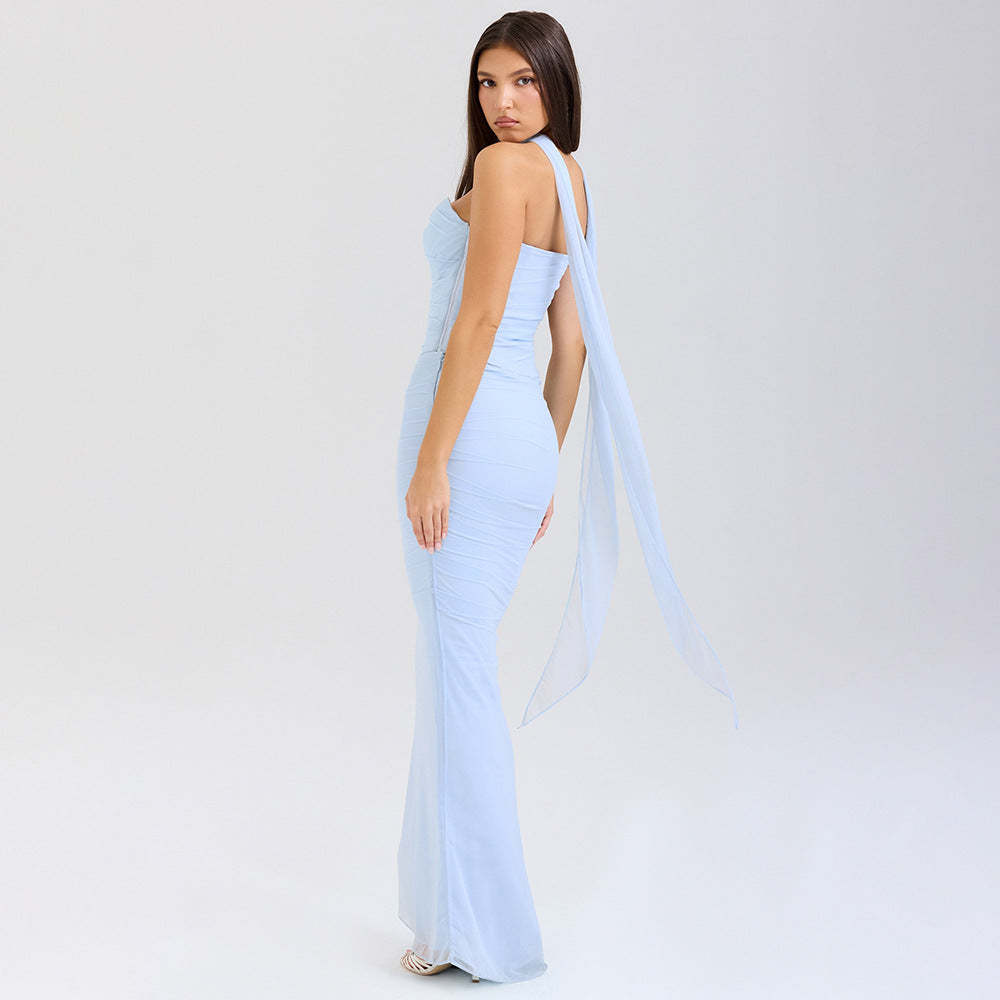 Strapless corset design evening dress with elegant scarf