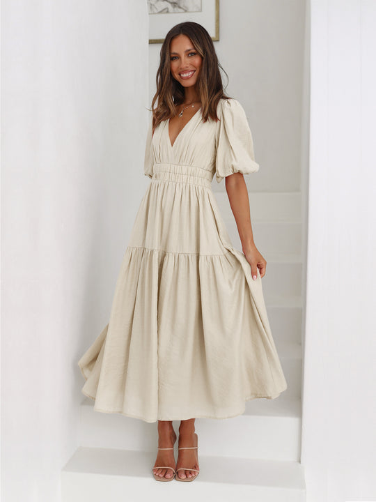 Lea - Women's Summer Dresses with Advanced Vacation Style, Deep V-Neckline and Puff Sleeves