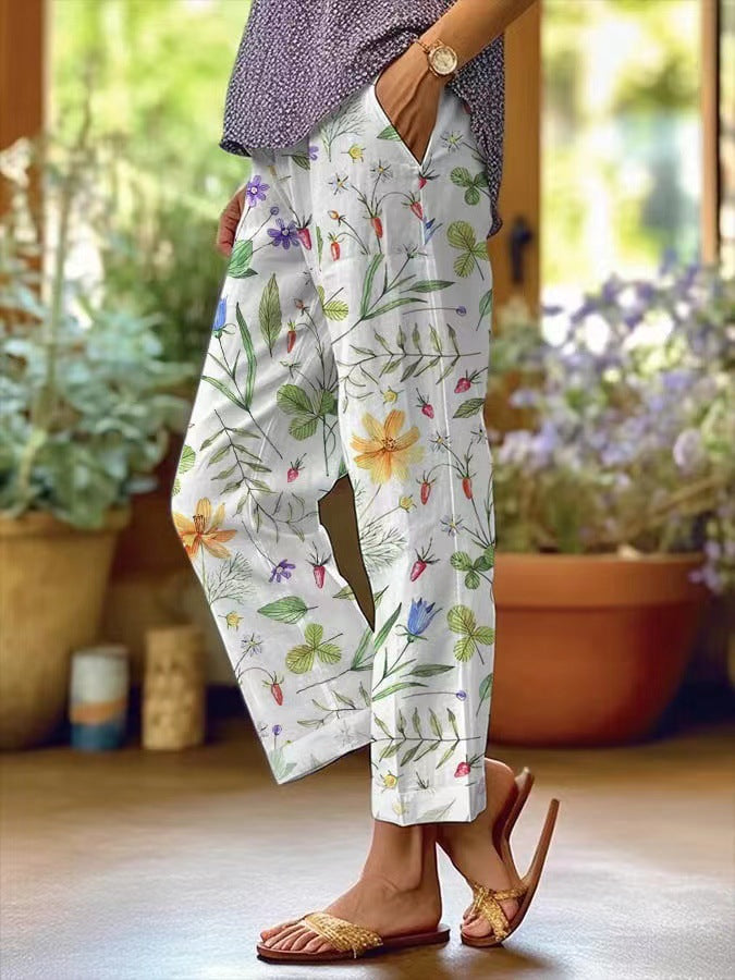 Victoria - Women's Vintage Botanical Floral Lace-Up Loose Casual Pants