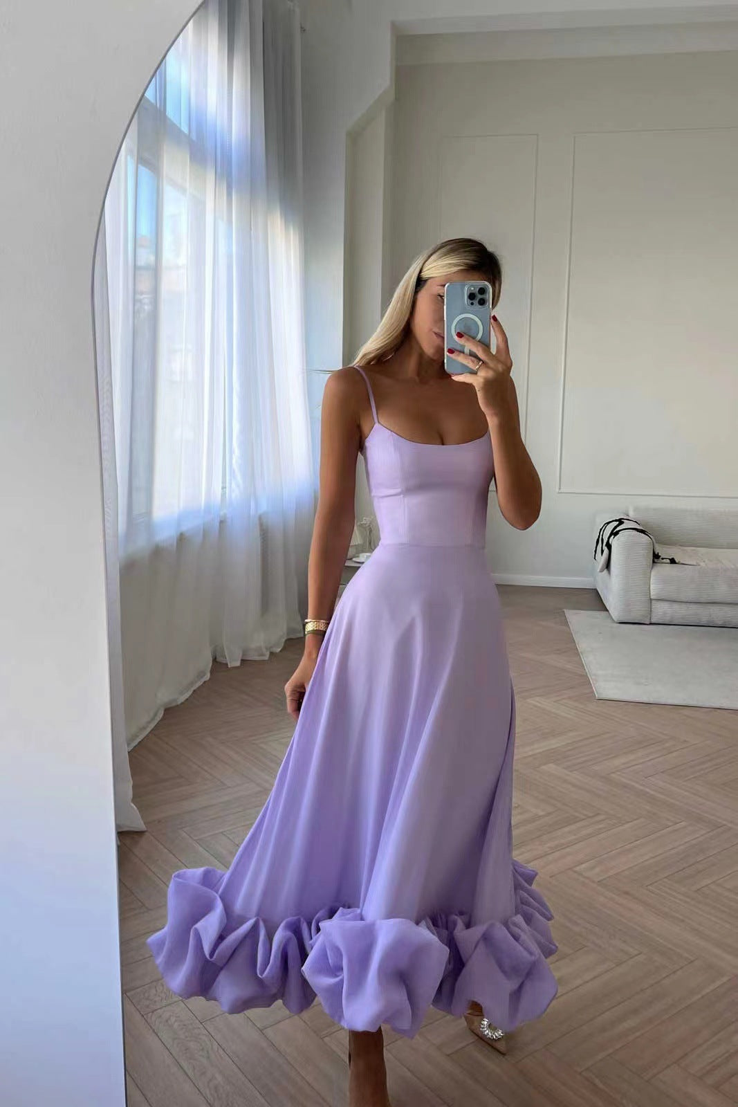 Karolina - A-line dress with floral appliqués and thin straps