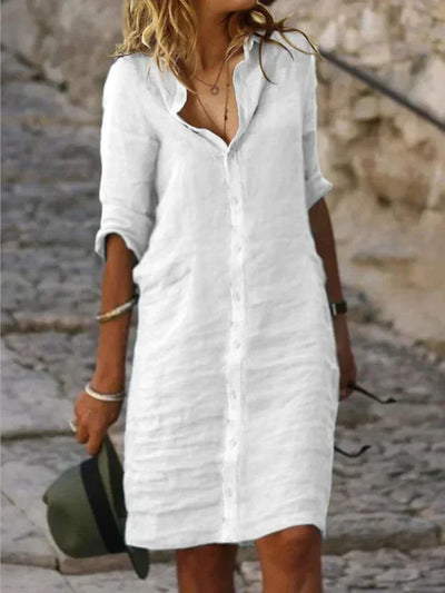Miriam - Plain cotton dresses with lapel buttons and half sleeves