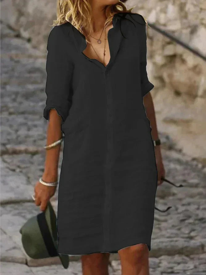 Miriam - Plain cotton dresses with lapel buttons and half sleeves