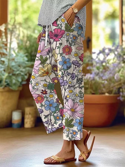 Victoria - Women's Vintage Botanical Floral Lace-Up Loose Casual Pants