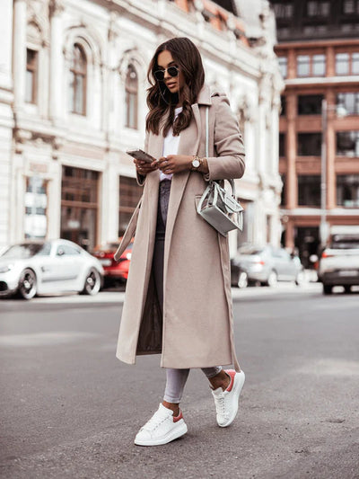 Women's Long V-Neck Coat with Adjustable Belt