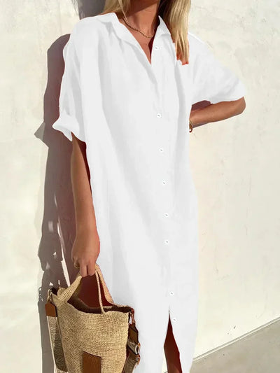 Helena - Fashion Cotton Linen Solid Color V-Neck Dress