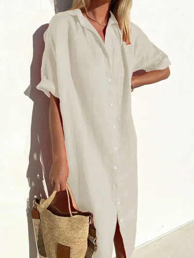 Helena - Fashion Cotton Linen Solid Color V-Neck Dress
