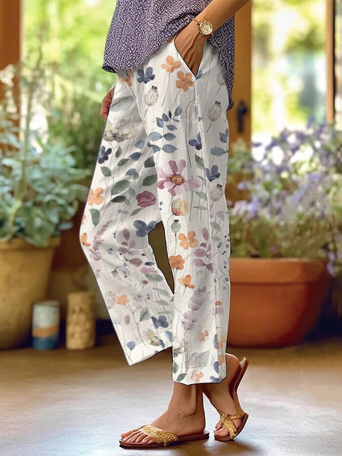 Victoria - Women's Vintage Botanical Floral Lace-Up Loose Casual Pants
