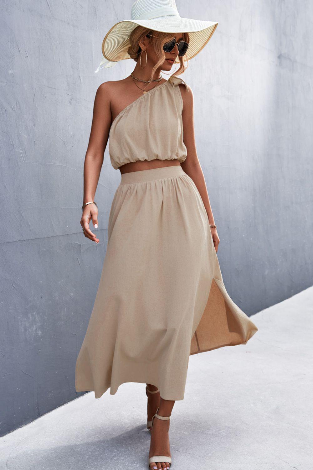 Malena - Sleeveless One Shoulder Crop Top and Maxi Skirt Set