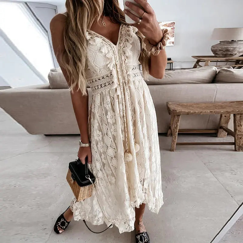 Long summer dress with openwork details and elegant style