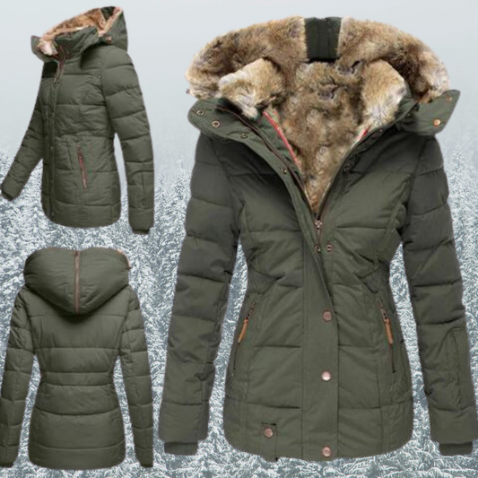 Elegant women's winter coat with modern hood design
