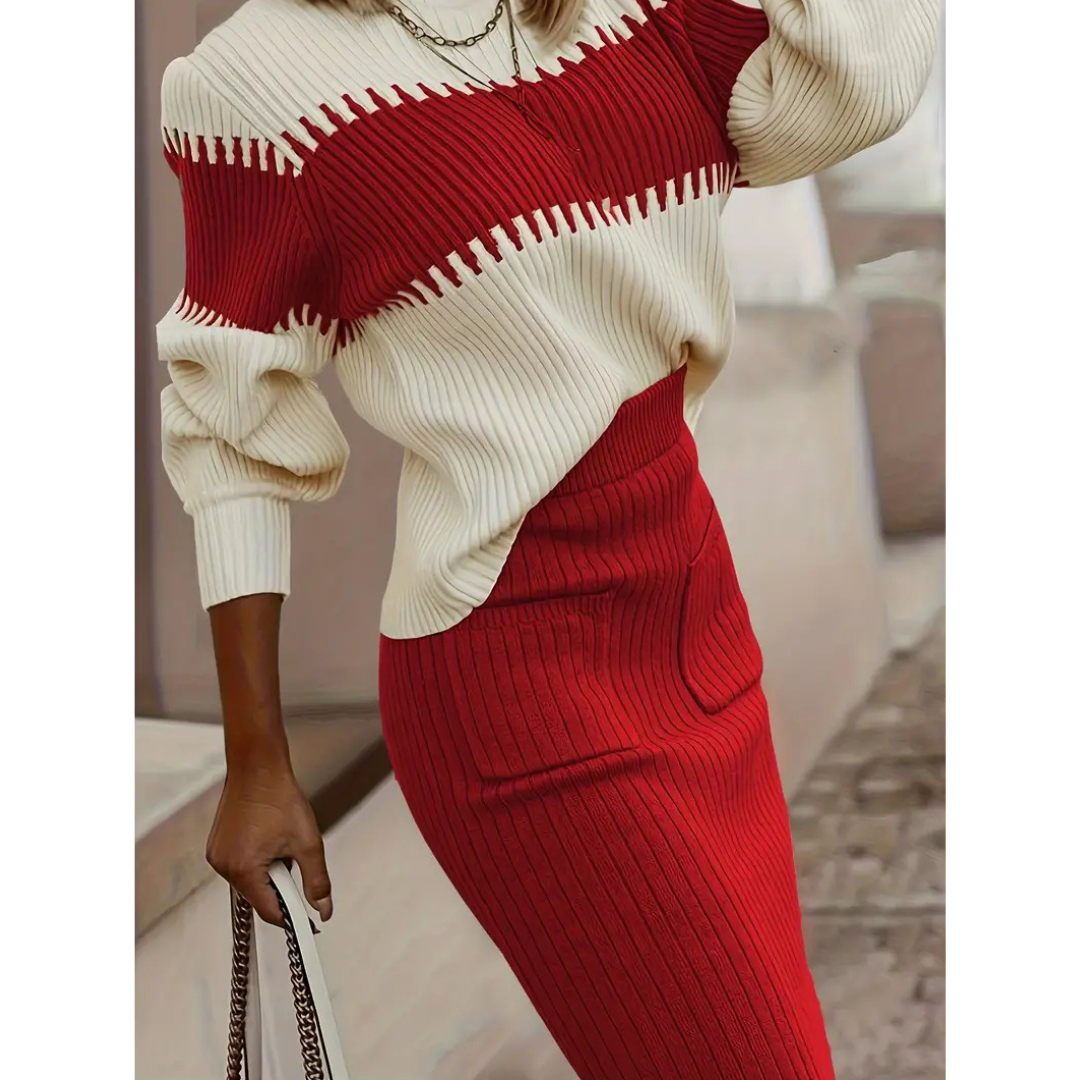 Elegant women's turtleneck and skirt set with warm design