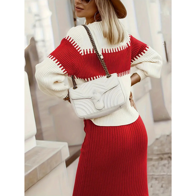 Elegant women's turtleneck and skirt set with warm design