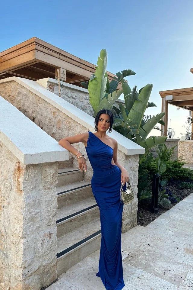 Elegant one-shoulder open-back maxi dress