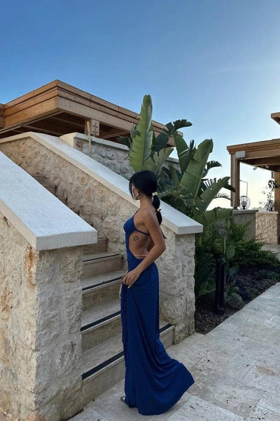 Elegant one-shoulder open-back maxi dress