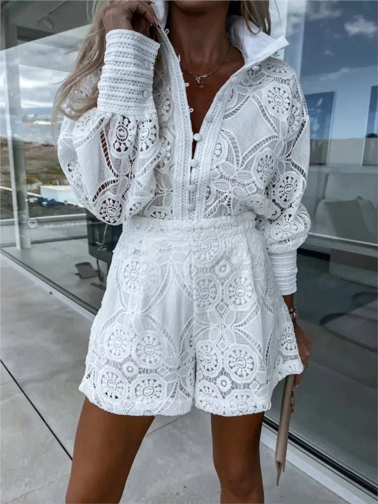Openwork summer set with long-sleeved blouse and short shorts