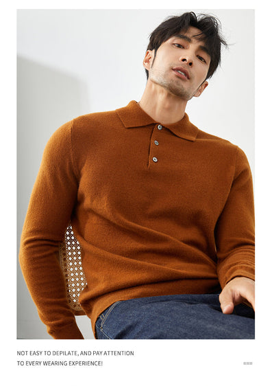 Men's Long-Sleeved Polo Shirt - Elegant Autumn Sweater