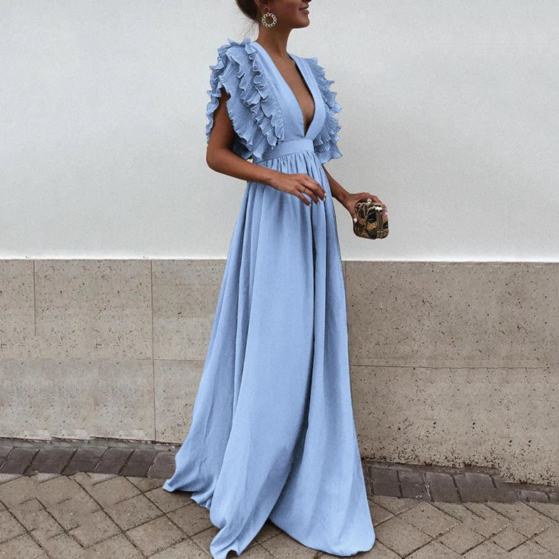 Elegant long dress with a plunging neckline and short ruffled sleeves