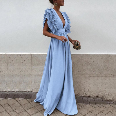 Elegant long dress with a plunging neckline and short ruffled sleeves