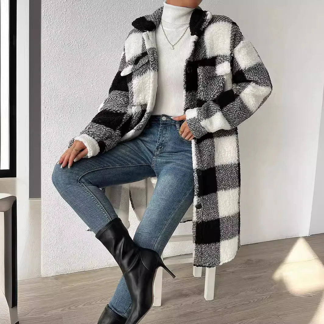 Women's Long Modern Plaid Coat with Smart Casual Style