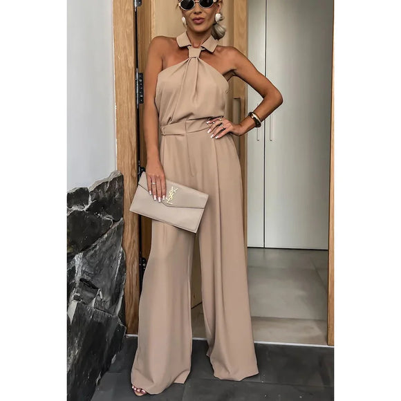 Elegant sleeveless open-back jumpsuit with wide-legged trousers